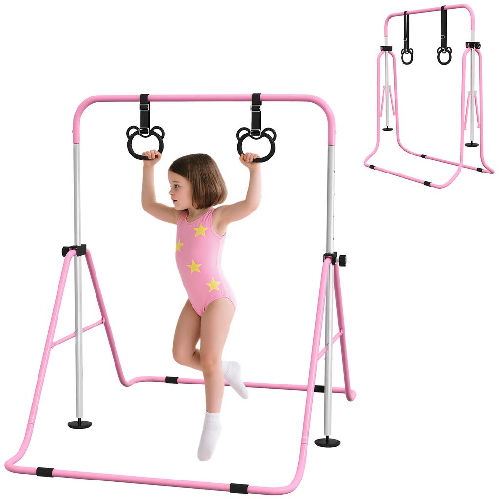Adjustable Height, Foldable Kids Gymnastics Bar W/ Non-slip Rubber Floor Rings, for 3+ Years, Pink