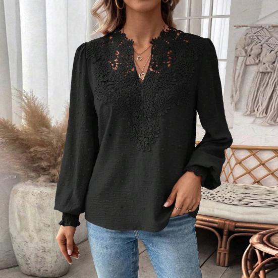 Women Short V-Neck Half Open Collar Lace Stitching Long-Sleeved Shirt Solid Color Loose Fit Pullover