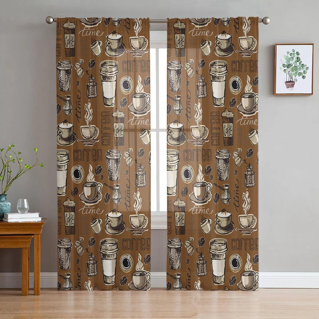 Coffee Coffee Beans Coffee Cup Sheer Curtains for Living Room Decoration Window Curtain Kitchen Tulle Voile Organza Drapes