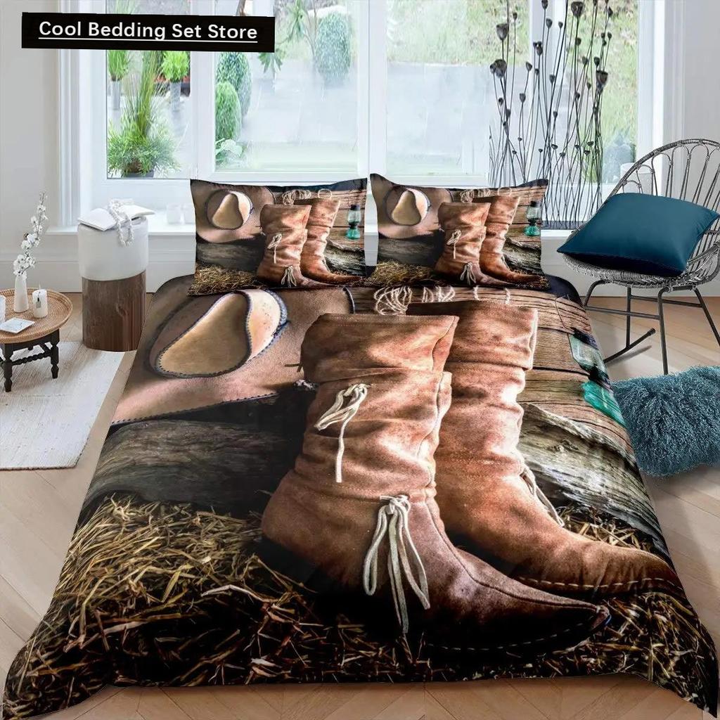 Western Cowboy Duvet Cover Set Vintage Farmhouse Bedding Set For Kids Boys Teens Queen Size Soft 2/3Pcs Polyester Quilt Cover