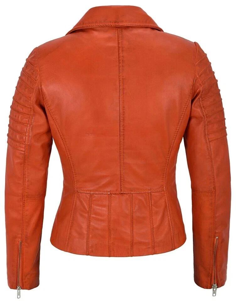Lambskin Handmade Stylish Casual Women Jacket Orange Leather Motorcycle Soft