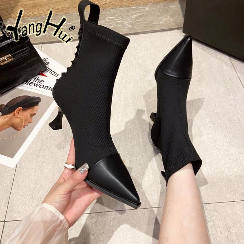 Party-Pumps Retro Spitzzehen Pu Spleißung Baumwolle Stretchstoff Reißverschluss Schuhe für Damen 2024 Neue Mode Frühling Zapatos Mujer