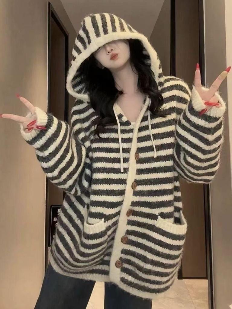 Retro Women's Hooded Color Block Knit Cardigan Sweater - Autumn/Winter Loose Fit