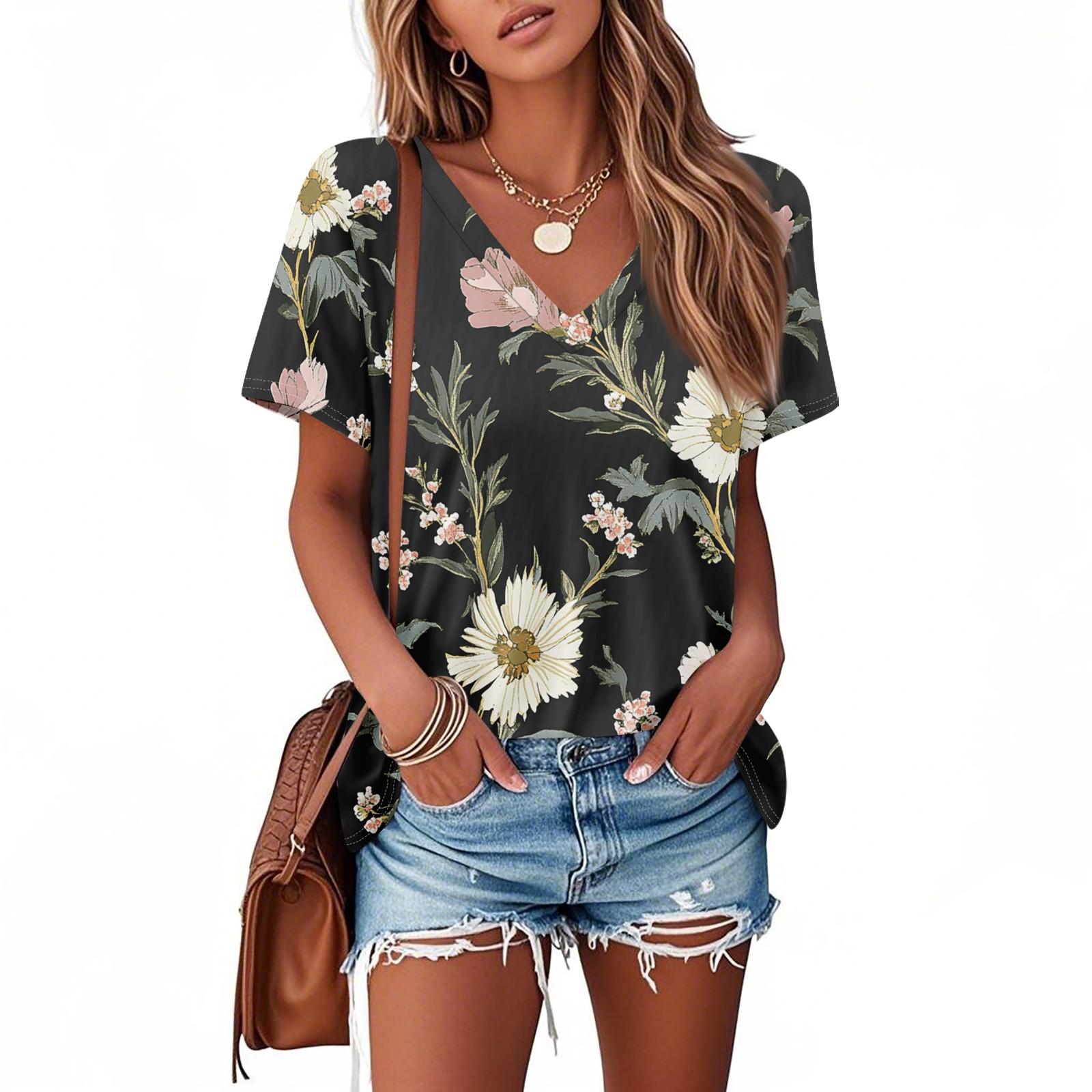 

Футболки для женщин, плиссированные, с V-образным вырезом, нарядные, повседневные блузки с принтом, короткие рукава, летние топы, свободный крой L чёрный