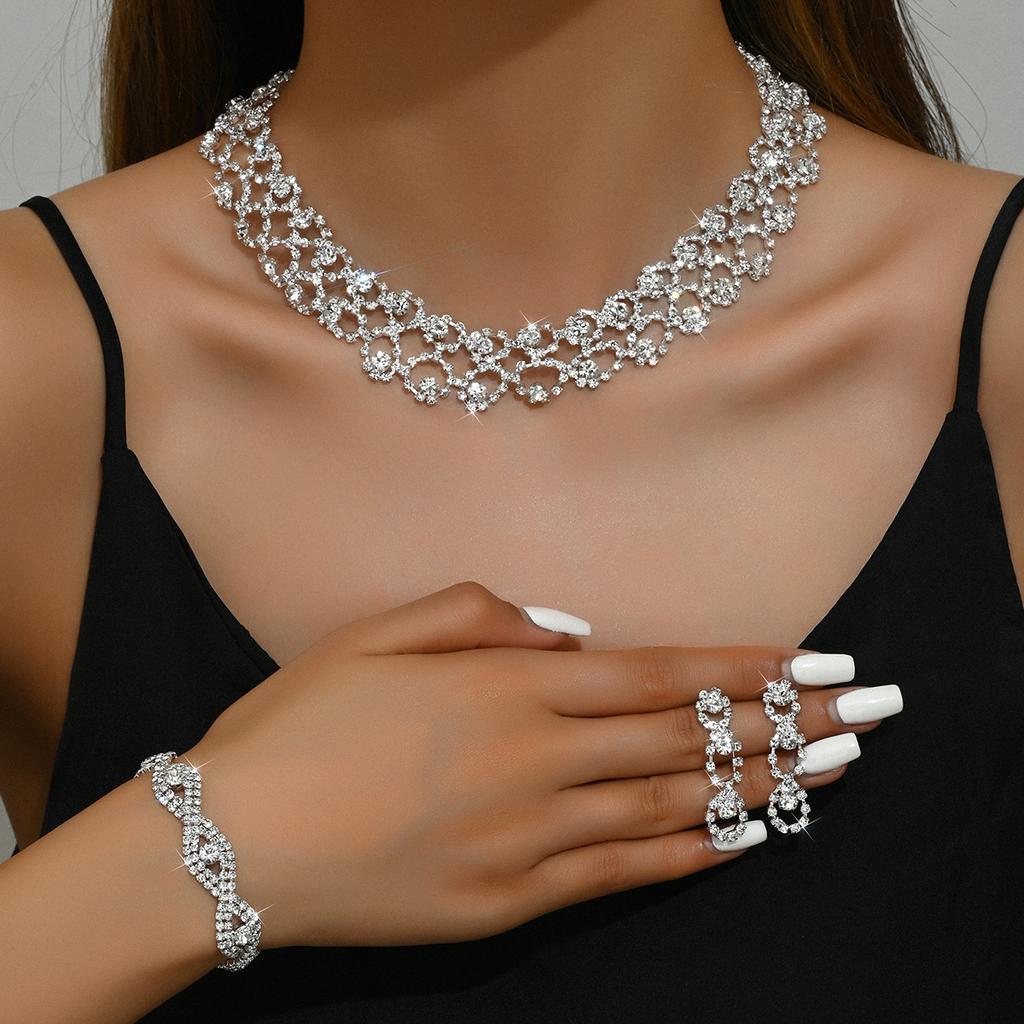 3pcs Women Jewelry Set Rhinestone Earrings Necklace Vracelet Wedding Party Accessories