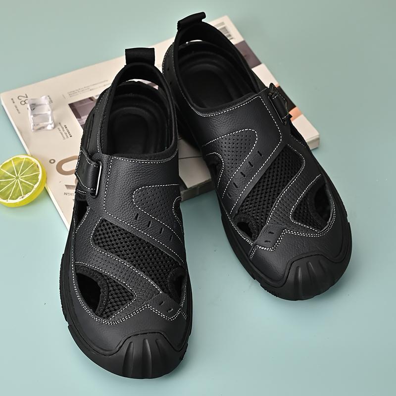Summer Men Sandals Genuine Leather Mens Casual Shoes  Men Leather Sandals Large size breathable walking men's Black shoes