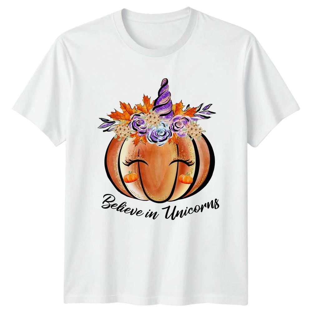 Believe In Unicorns Unisexs TShirt Unicorn Pumpkin Fall Halloween Gift For Her S