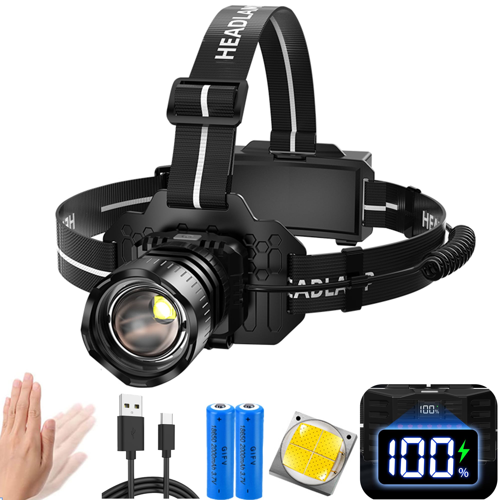 

Светодиодный налобный фонарь для USB Мощный 5000 Цифровой уровень заряда батареи Высокий регулируемый Подходит для улицы Промышленный Катастрофа и Требует две литиевые батареи 18650 чёрный