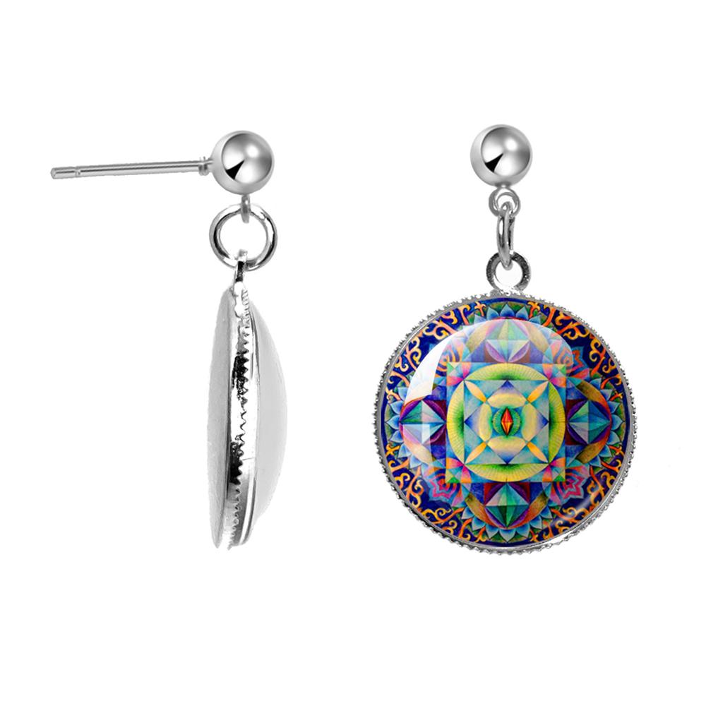 

Handmade Om Yaga Symbo Earrings Buddhism Mandala Glass Cabochon Glass Dome Sacred Geometric Figure Drop Earrings Gift For Friend