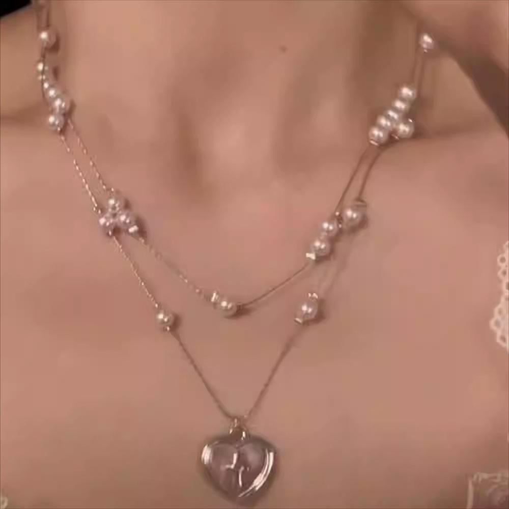 

Pink pearl love stacked pendant necklace sweet temperament small fresh collarbone chain niche fashion versatile jewelry