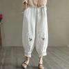 Women Pants Elastic Waist Pocket Lace Patchwork Flower Embroidery Daily Wear Solid Color Plus Size Mid-calf Length Ninth Pants Female Clothes