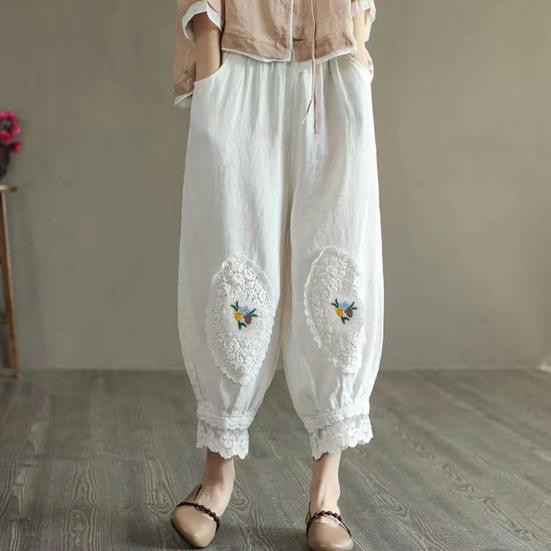 Women Pants Elastic Waist Pocket Lace Patchwork Flower Embroidery Daily Wear Solid Color Plus Size Mid-calf Length Ninth Pants Female Clothes