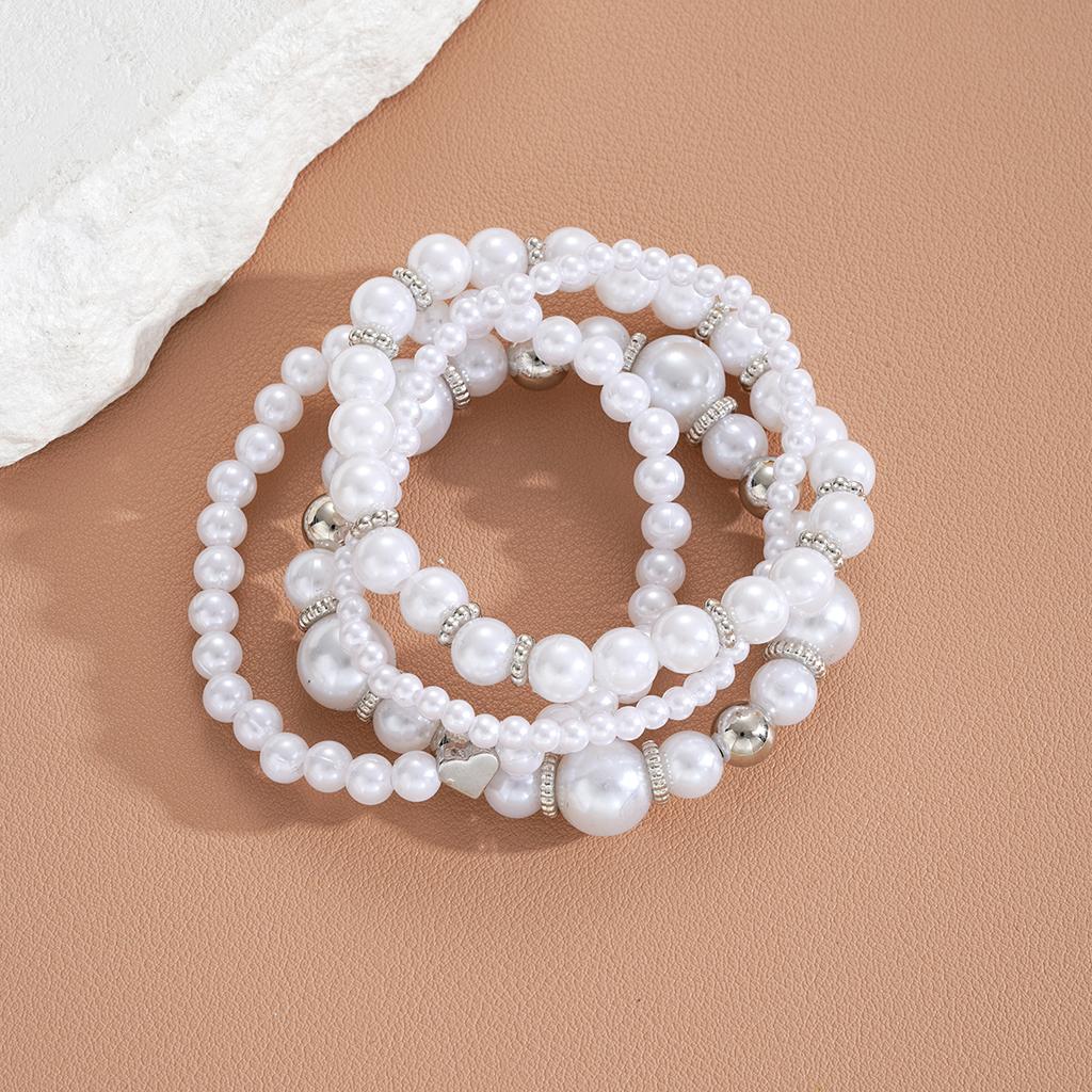 4Pcs/Set Imitation Pearl Heart Beads Bracelets Set for Women Simple Silver White Color Versatile Bracelets Fashion Party Jewelry