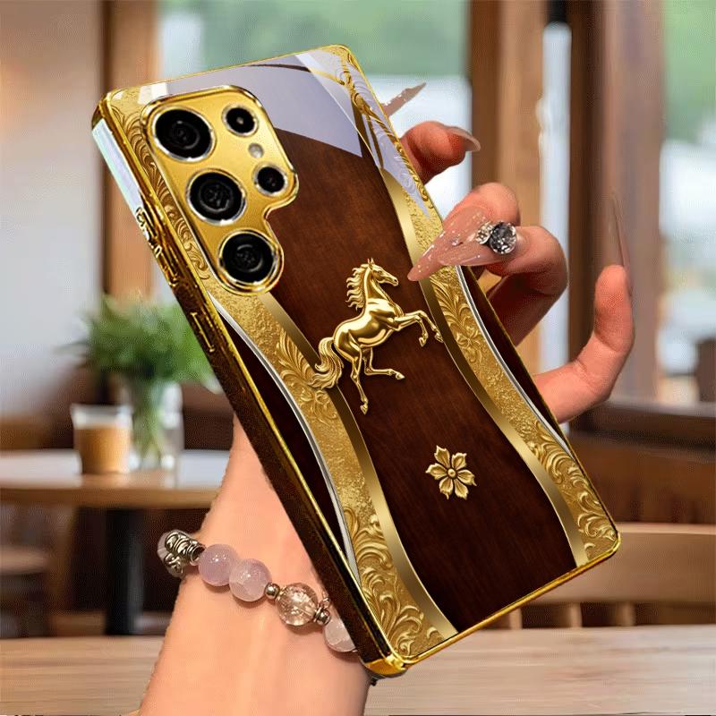 Galloping Steed Art Golden Phone Case For Samsung A50 A51 A52 A53 A54 A55 A56 A57 A71 A72 A73 A31 A32 A34 A36 37 30s Glass Cover