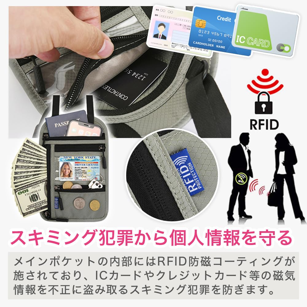 VOLAN Travel Multifunctional Neck RFID Passport Neck Pouch for International Travel Anti-Skimming Holder, Blocking, (Light Gray)