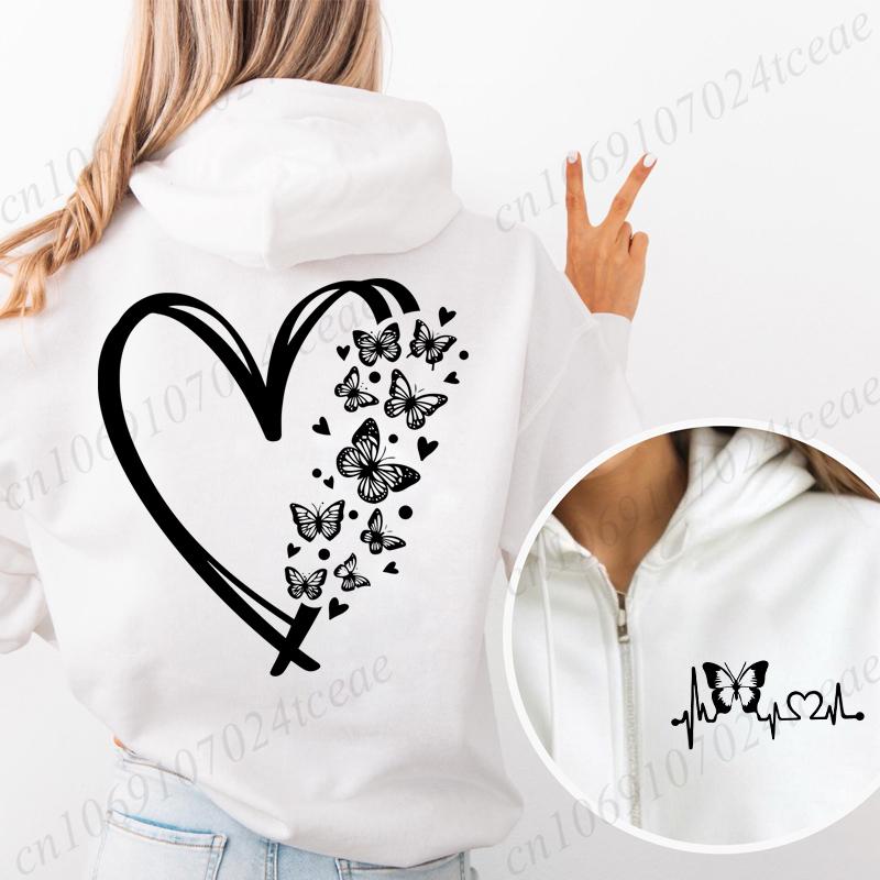 New Fashion Zipper Hooded Hoodie Clothes Butterfly Heart Printed Fashion Sweatshirts Casual Fashion Zip Up Jackets Coat Tops