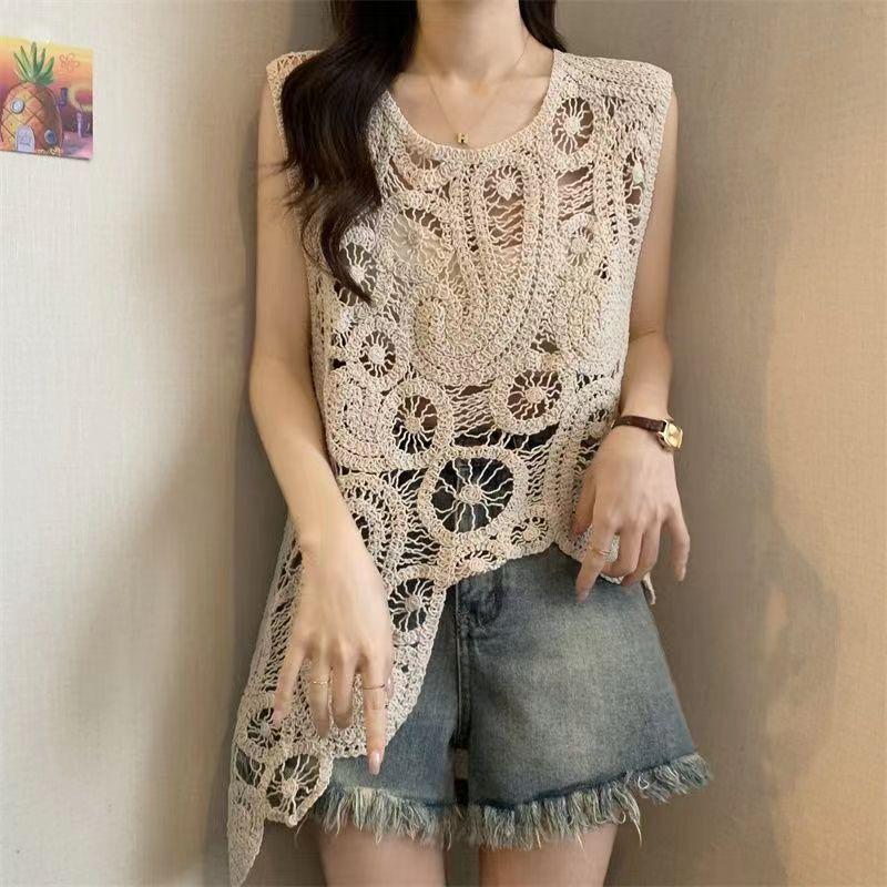 Knitted Irregular Crochet Hollow Out Vest Cardigan Summer Sleeveless Design Niche Tank Top