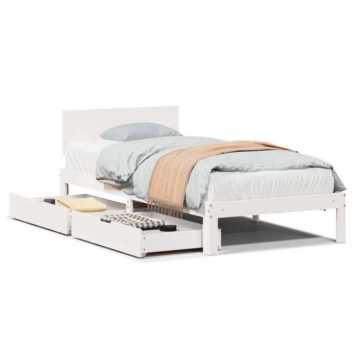 VidaXL Bed Frame with Drawers White 90x200 Cm Solid Pine Wood, Slatted Base, Single Bed Frame, Wooden Bed Frame 3301979