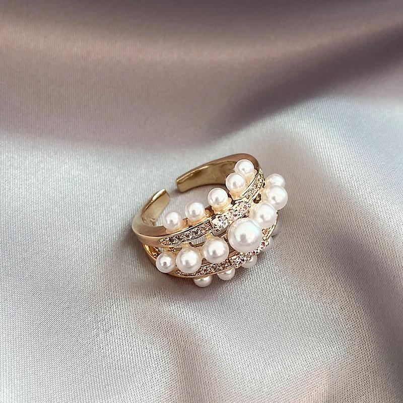 2025 New Exquisite Pearl Zircon Gold Color Open Rings Wedding Party Women's Fashion Zircon Luxury Finger Accessories for Girls
