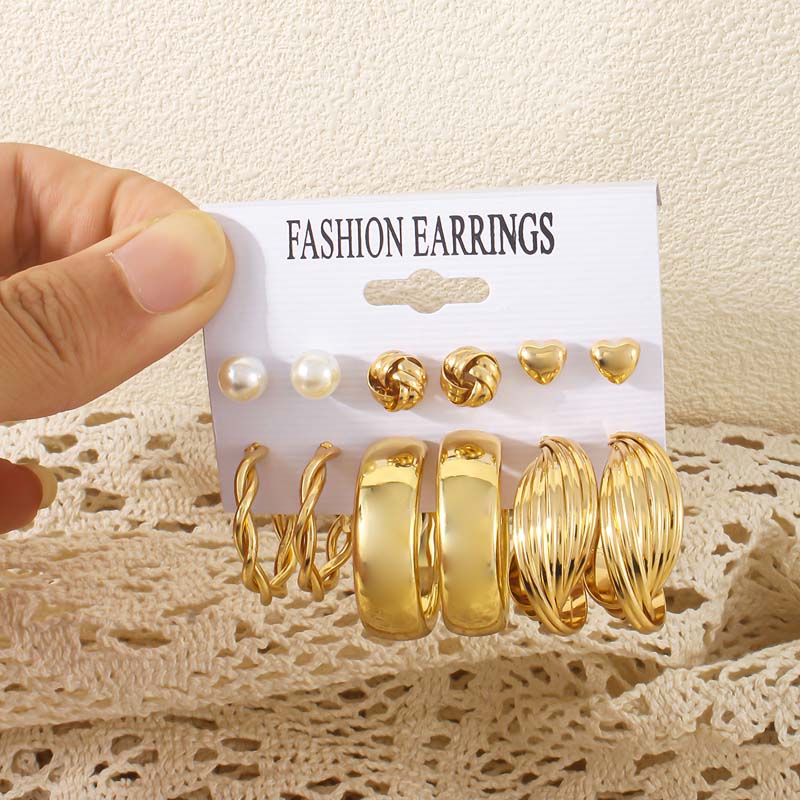 6 Stück/Set Vintage Goldfarbene Gedrehte Creolen-Ohrringe Set Für Damen Minimalistischer Metall-Herz Geometrischer Klobiger Ohrring Schmuck