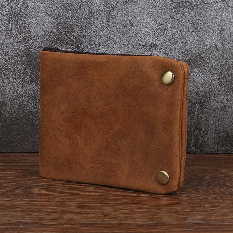 Crazy Horse Leather Men's Wallet Horizontal Leather Short Wallet Inner and Outer Head Layer Leather Buckle Leather Wallet Silver Bag
