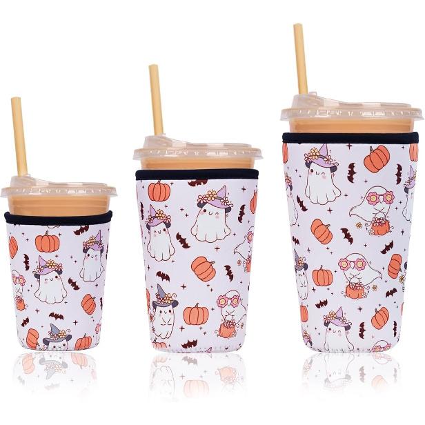 Reble ulated Neoprene Iced Coffee Cup Sleeve, Durable Drink Sleeve for Cold Beverages, Beverage Holder for Iced Coffee, Floral Checkers Spooky Cuties