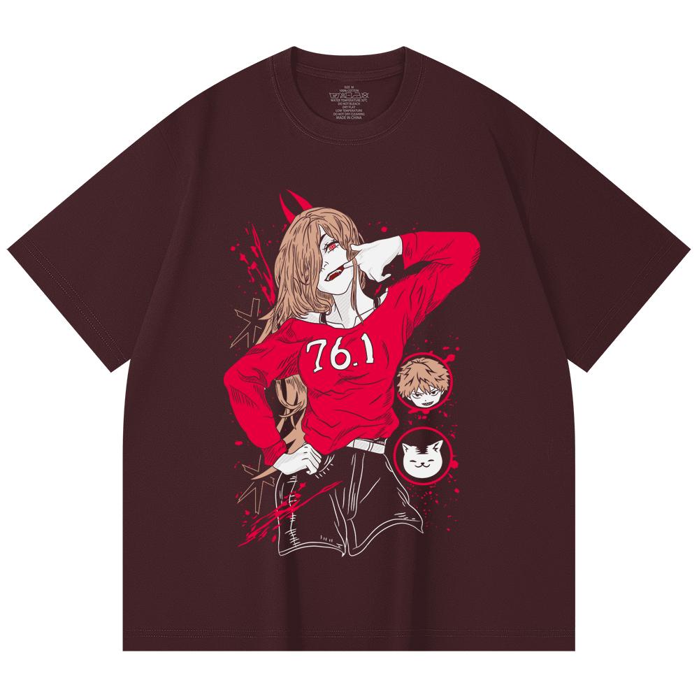 

230 Gsm 100% Cotton Chainsaw Man V6 Power Print Unisex Heavy Cotton T Shirt 2XL вина червоного кольору