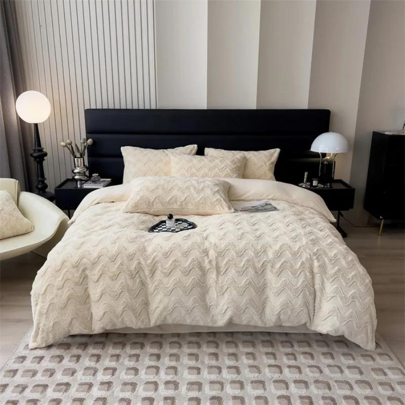 2025 New Autumn and Winter Simple Thickened Warm Wave Rabbit Fleece Four-piece Set - Bordeaux Series Sheet Sheet Sheet