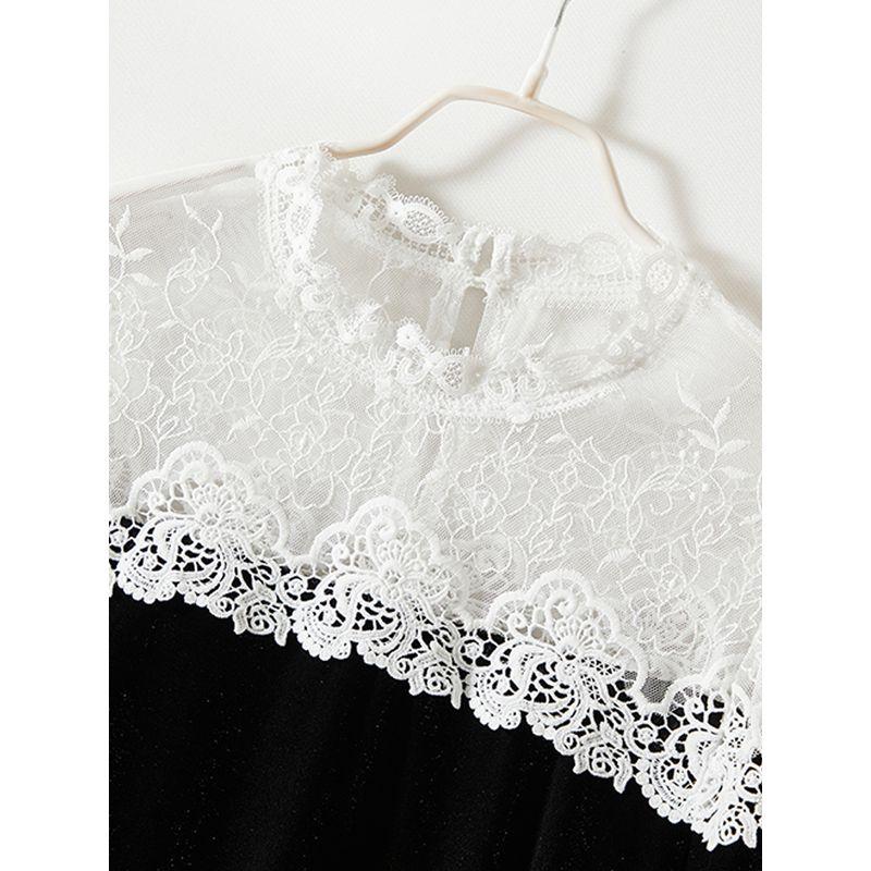 High Quality Required! White Floral Lace Patchwork Long Sleeves Pleuche Shirt Women's Spring Fall and Winter Bottoming Shirt