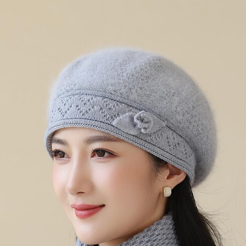 Chapeau d'hiver Béret en poils de lapin Pour les personnes âgées Chapeau thermique épais empilé Chapeau tricoté