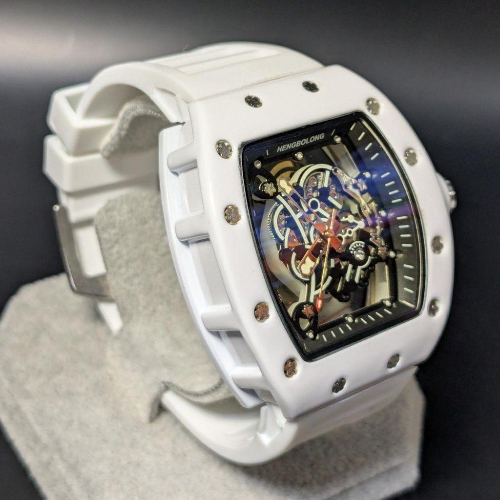 Used New Watch Richard Mille Type Quartz Homage Watch Rubber Tonneau White Skeleton