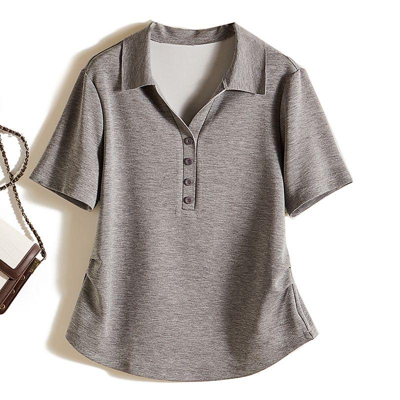 

Capable Fan Tops! Japanese Style Women s Peter Pan Collar Bilateral Ruched Cotton Pure Color Series T-shirt New Summer Breathable Sweat Absorbing Grey L