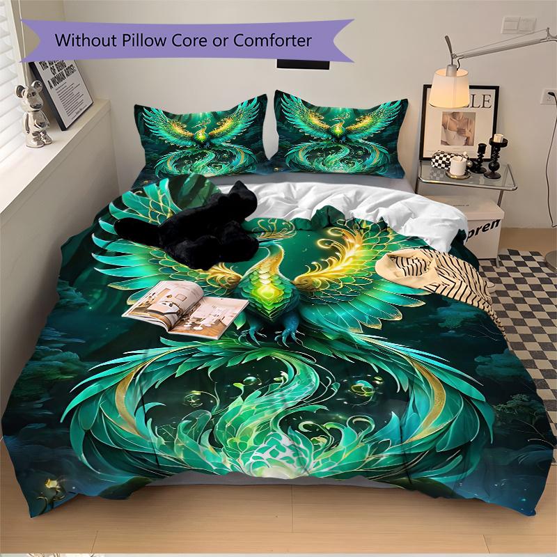3pcs Enchanted Forest Phoenix Pattern Bedding Three-Piece Set (1 Cover + 2 Pillowcases, No Fillings), This Printed Bedding Set Is Soft and Comfor