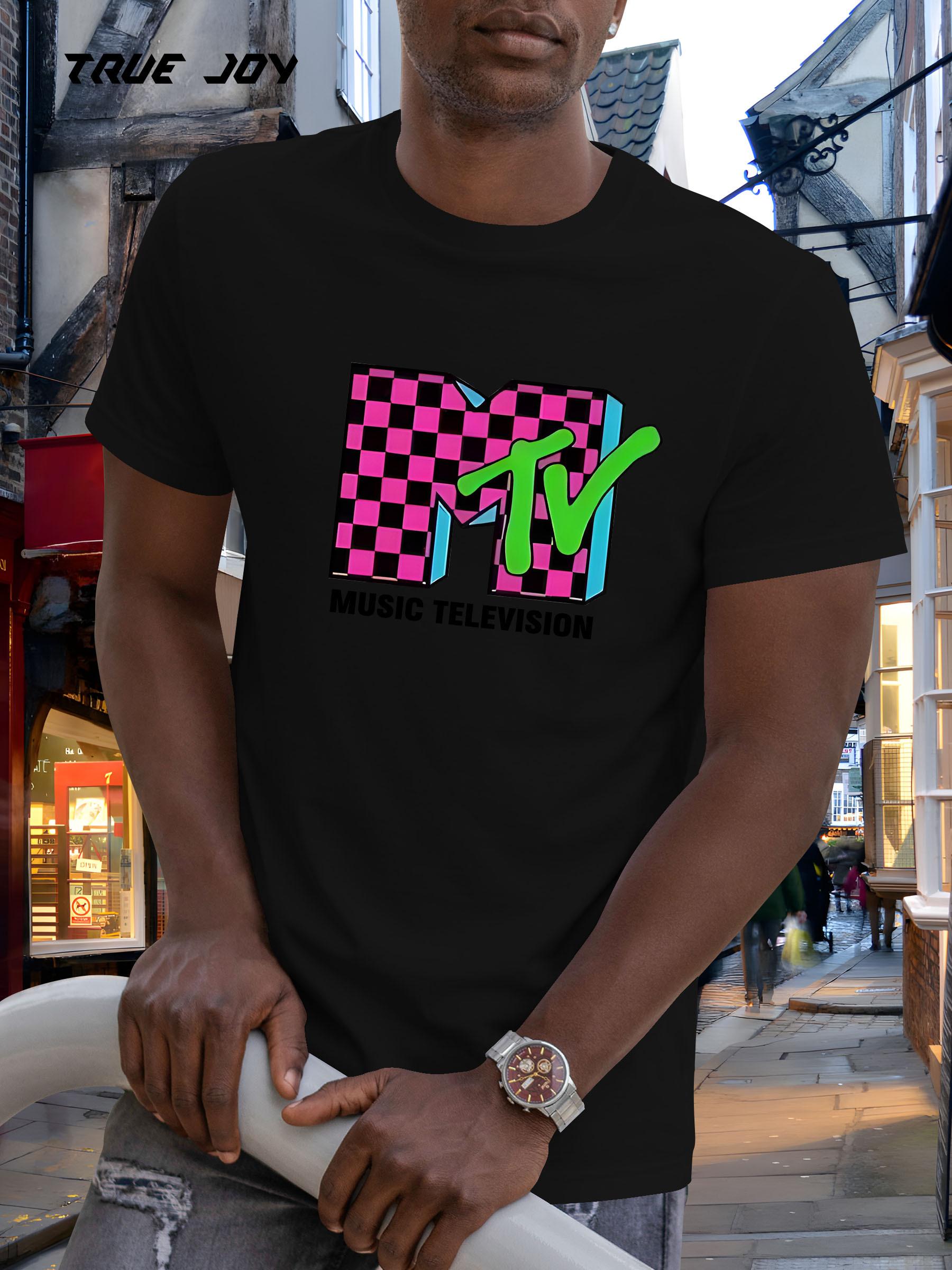 Retro MTV Graphic Print T-shirt - Light Grey Summer Short Sleeve Tee with Checkered Pattern XXL