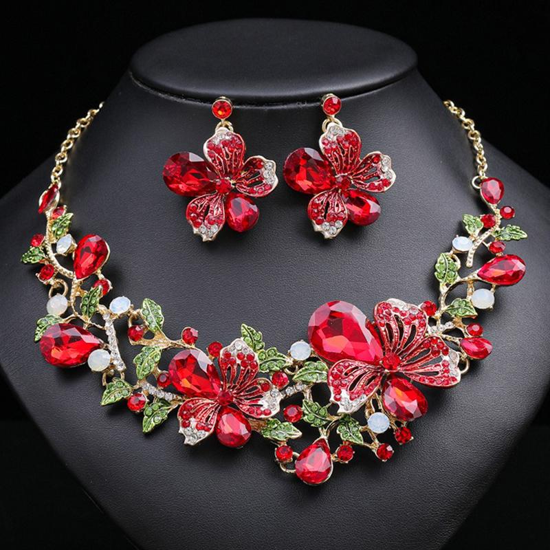 

3 шт. Роскошный и элегантный цветочный набор серег и ожерелья с регулируемой длиной для танцевальных вечеринок и ужинов, украшенный цирконом 42cm красный