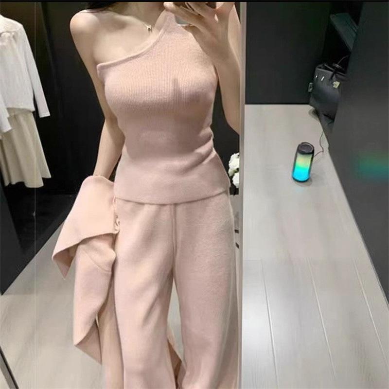 High-end Knitted Sweater Set 2025 Autumn and Winter New Cardigan + Vest + Wide-leg Pants Three-piece Set for Women