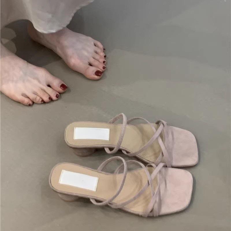 Coarse Heel French Small Cool Slippers Women's Shoes 2025 New Pink with Skirt Evening Breeze Word with Thick Heel Sandals Women
