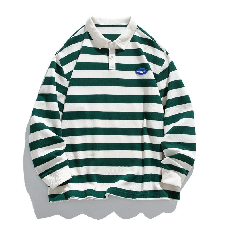 Spring and Autumn New Men's Korean Style Lapel Car Logo Striped Polo Shirt Trendy Couple Internet Celebrity Style Heavy Sweatshirt