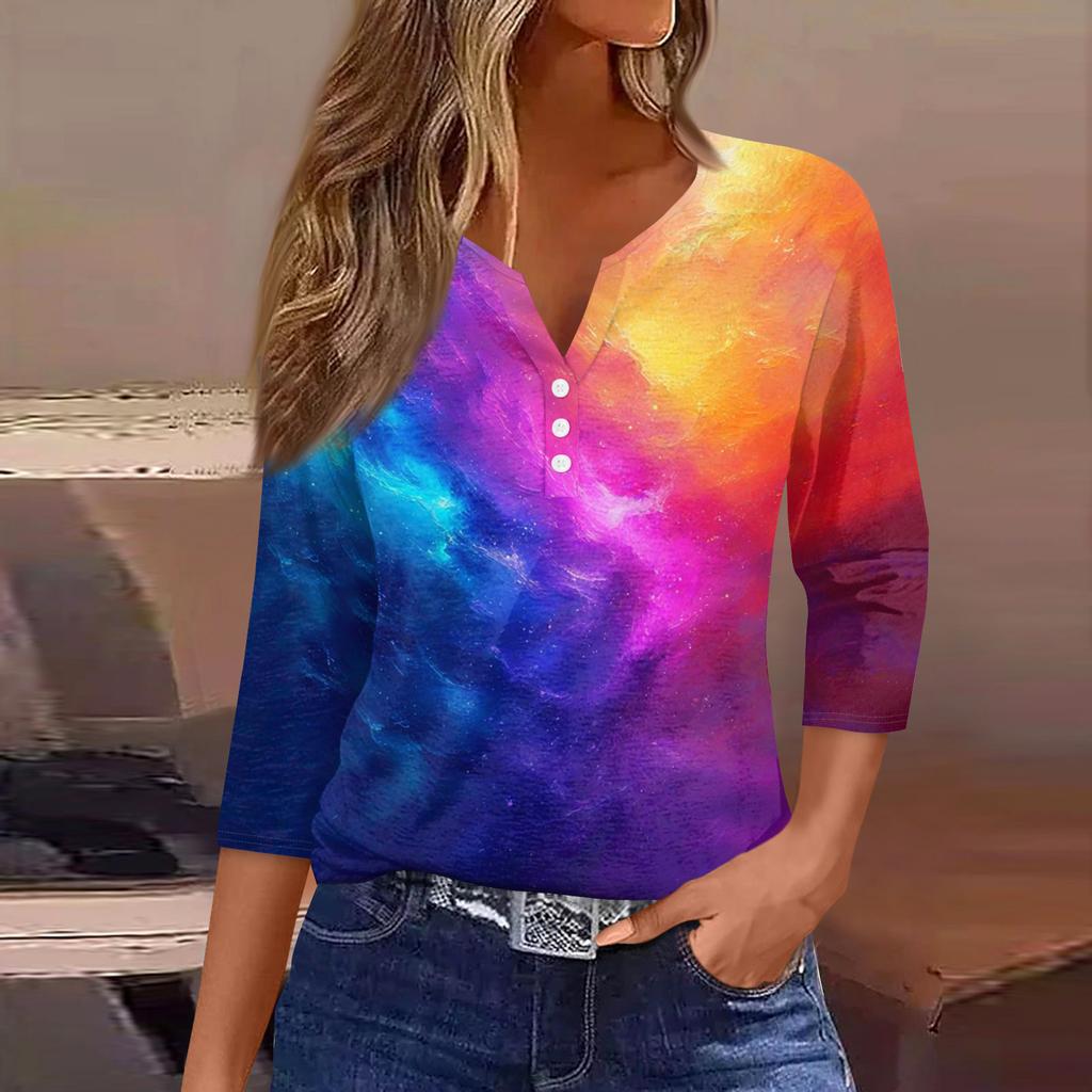 Camiseta de mujer Camiseta estampada Botón Manga 3/4 Moda diaria Fin de semana Básica Cuello en V Top regular