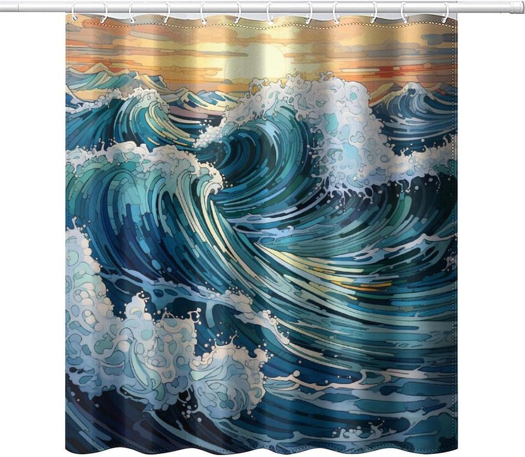 Japanese Wave Art Shower Curtain, Retro Monochrome Abstract Wave Decorative Bathroom Curtain, Asian Style Ocean Theme