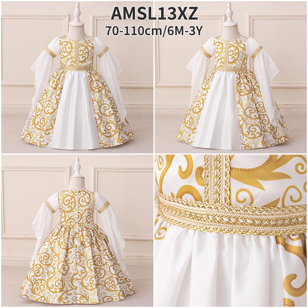 Middle Eastern Muslim Princess Evening Dress for Toddlers - White Patchwork Design