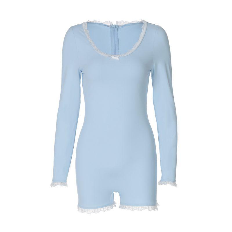 

Cnyishe Fashionable Xiaoqing New Blue Lace Lace Long-Sleeved Jumpsuit Home Style Plaid Temperament Sheath Shorts Sky Blue L