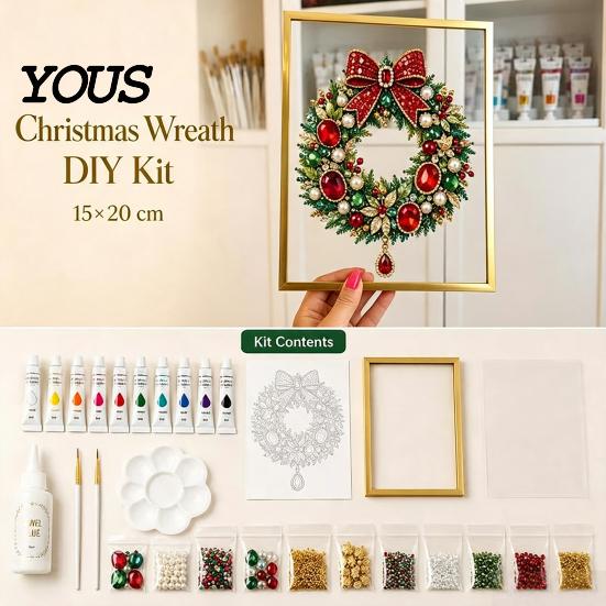 Holiday Decoration Making Sets DIY Jewelry Faux Pearl Art Painting Kit with Frame, Christmas Handmade Festive Wall Crystal Gem Craft Set for