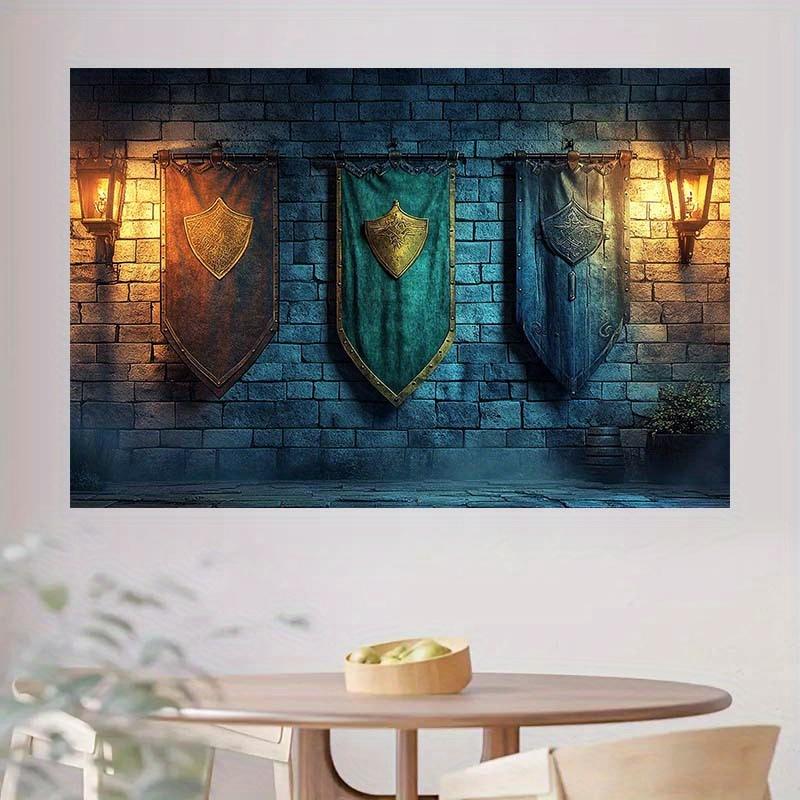 2D plane Century Castle wall background fabric with shield and stone brick design polyester fiber