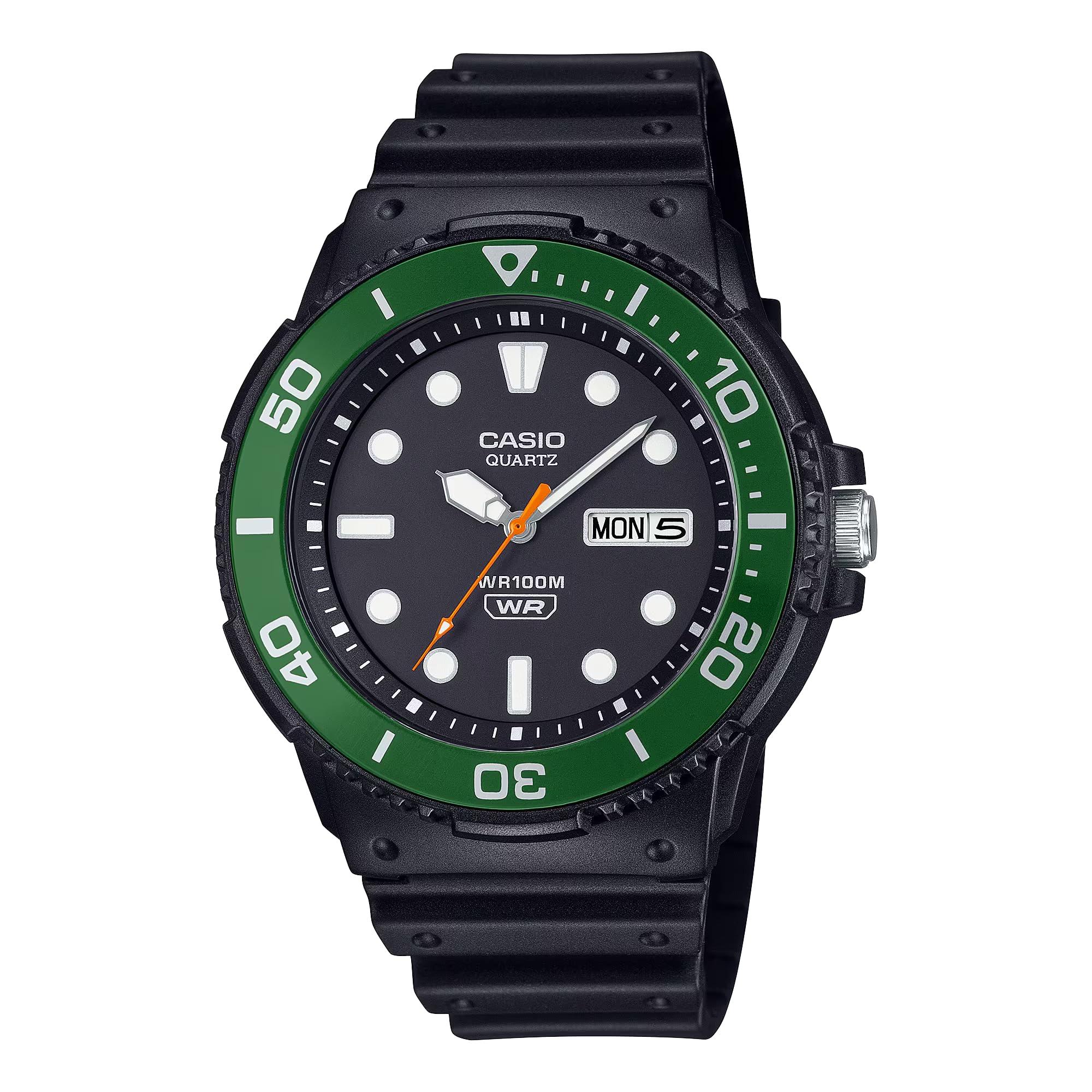 Casio MRW-230H Analog Men s Watch 100M Water Resistant Aluminum Rotating Bezel Day Date Calendar Green