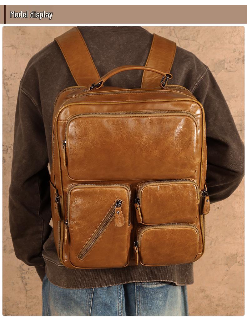 Men's Genuine Leather Multi-Pocket Travel Backpack: Large Capacity, Versatile, and Ideal for Casual Outdoor Adventures.