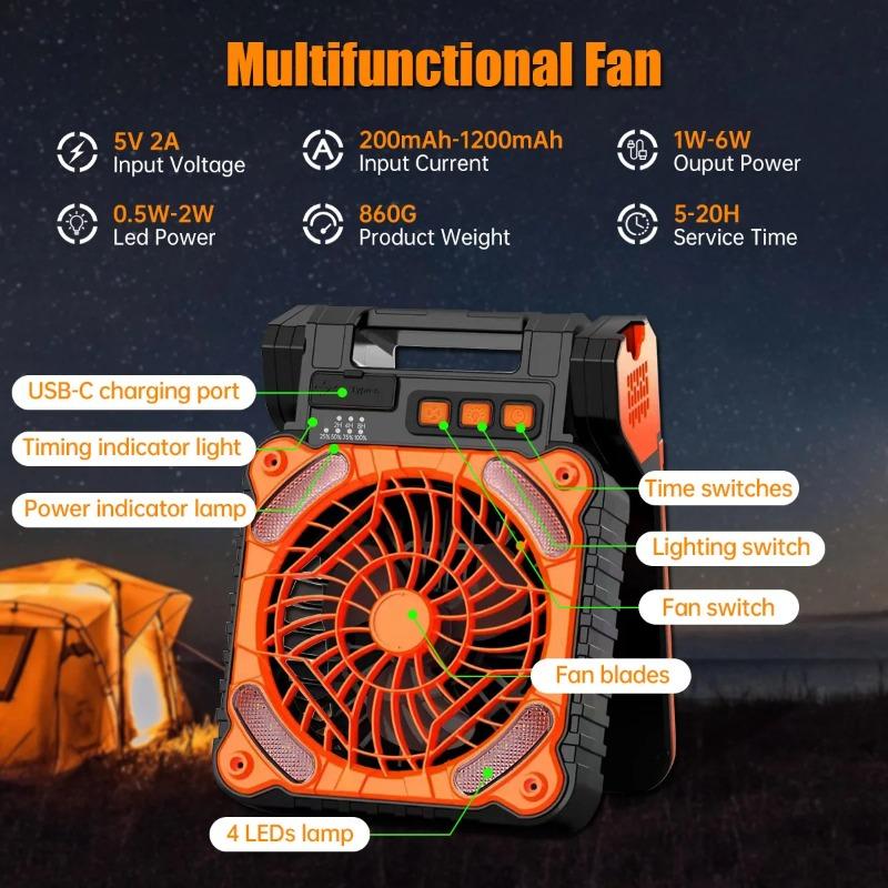 Solar Powered Fan for Camping Portable Rechargeable for Gazebo with LED Light & Timer 4 Speed Cordless Battery Powered for Outdoor Stay Cooling Orange
