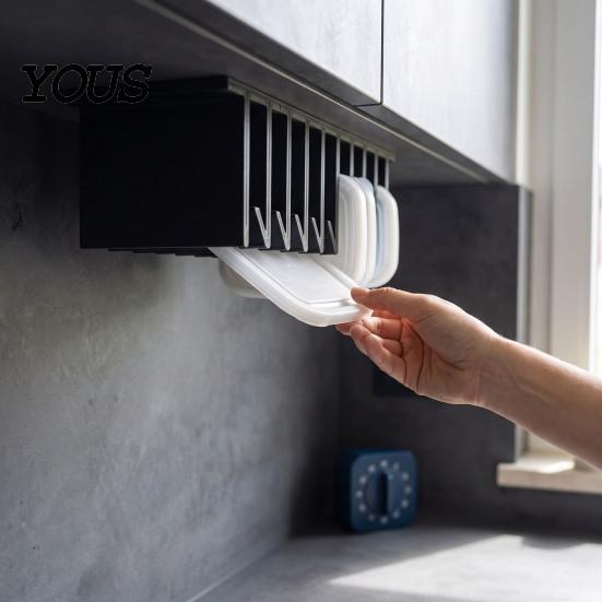 Adhesive Pot Lid Holder Loft Organizer for Cabinet, Self 10 Slots Plastic Food Container Storage Rack, Wall Mounted Space Saving Box Lids Kitchen