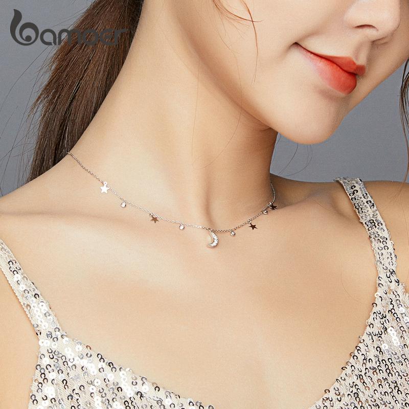 BAMOER 100% Real 925 Sterling Silver Shiny Moon & Stars Necklace for Women Simple Exquisite Fine Jewelry Gift