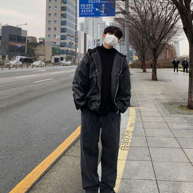 Men's American High Street Rapper Style PU Leather Hooded Jacket - Casual, Loose Fit, Cotton-Insulated Motorcycle Outerwear